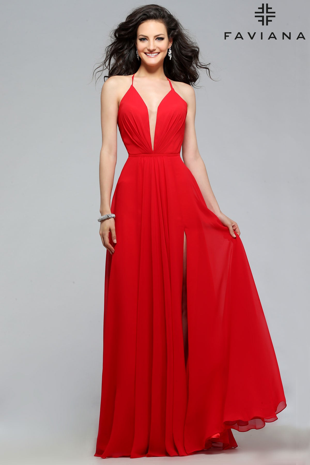 V Neck Floor Length Prom Dress Faviana